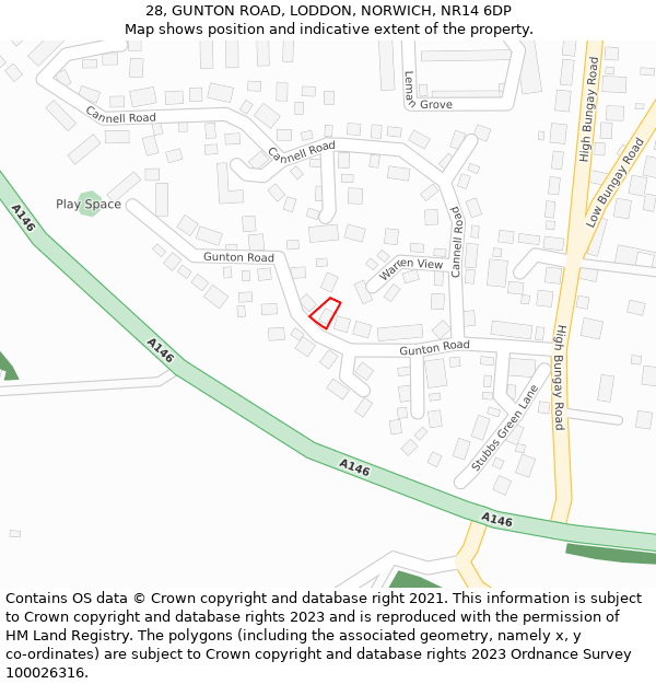 28, GUNTON ROAD, LODDON, NORWICH, NR14 6DP: Location map and indicative extent of plot