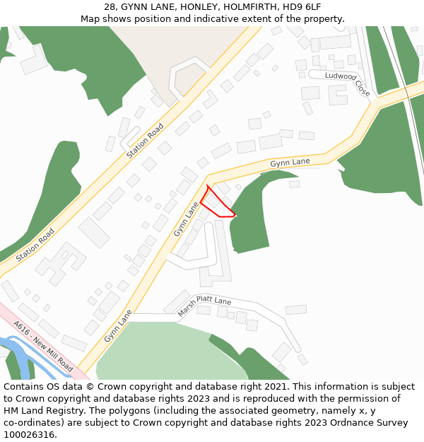 28, GYNN LANE, HONLEY, HOLMFIRTH, HD9 6LF: Location map and indicative extent of plot