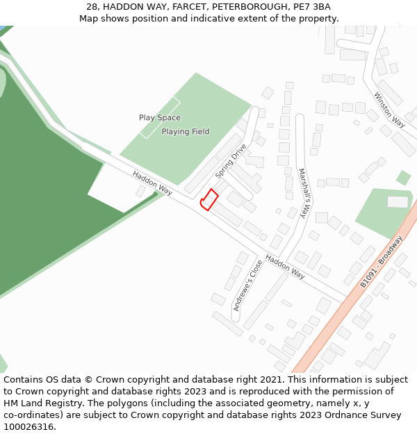 28, HADDON WAY, FARCET, PETERBOROUGH, PE7 3BA: Location map and indicative extent of plot