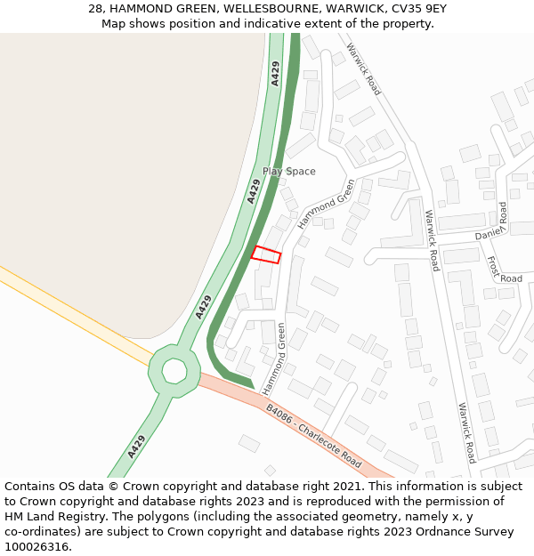 28, HAMMOND GREEN, WELLESBOURNE, WARWICK, CV35 9EY: Location map and indicative extent of plot