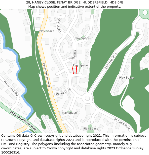 28, HANBY CLOSE, FENAY BRIDGE, HUDDERSFIELD, HD8 0FE: Location map and indicative extent of plot