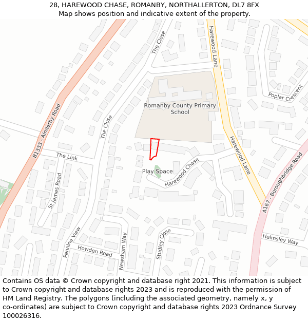 28, HAREWOOD CHASE, ROMANBY, NORTHALLERTON, DL7 8FX: Location map and indicative extent of plot