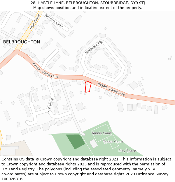 28, HARTLE LANE, BELBROUGHTON, STOURBRIDGE, DY9 9TJ: Location map and indicative extent of plot