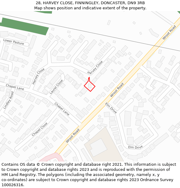 28, HARVEY CLOSE, FINNINGLEY, DONCASTER, DN9 3RB: Location map and indicative extent of plot