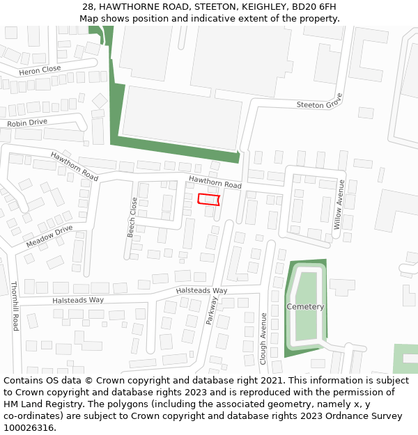 28, HAWTHORNE ROAD, STEETON, KEIGHLEY, BD20 6FH: Location map and indicative extent of plot