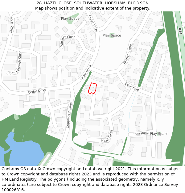 28, HAZEL CLOSE, SOUTHWATER, HORSHAM, RH13 9GN: Location map and indicative extent of plot