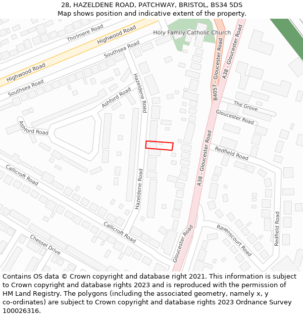 28, HAZELDENE ROAD, PATCHWAY, BRISTOL, BS34 5DS: Location map and indicative extent of plot