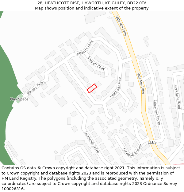 28, HEATHCOTE RISE, HAWORTH, KEIGHLEY, BD22 0TA: Location map and indicative extent of plot