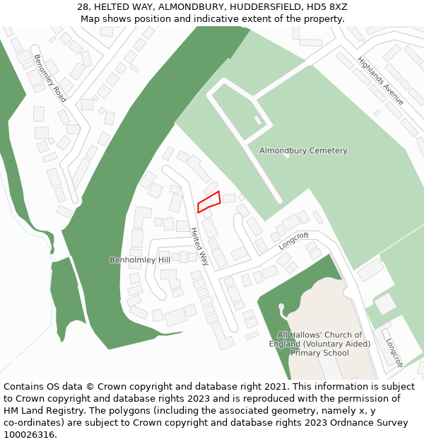 28, HELTED WAY, ALMONDBURY, HUDDERSFIELD, HD5 8XZ: Location map and indicative extent of plot