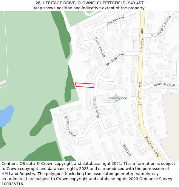 28, HERITAGE DRIVE, CLOWNE, CHESTERFIELD, S43 4ST: Location map and indicative extent of plot