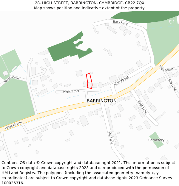 28, HIGH STREET, BARRINGTON, CAMBRIDGE, CB22 7QX: Location map and indicative extent of plot