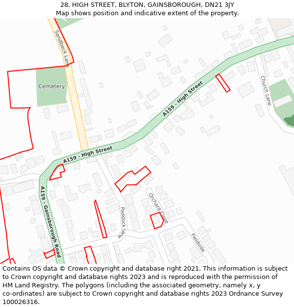 28, HIGH STREET, BLYTON, GAINSBOROUGH, DN21 3JY: Location map and indicative extent of plot
