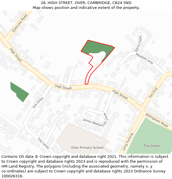28, HIGH STREET, OVER, CAMBRIDGE, CB24 5ND: Location map and indicative extent of plot