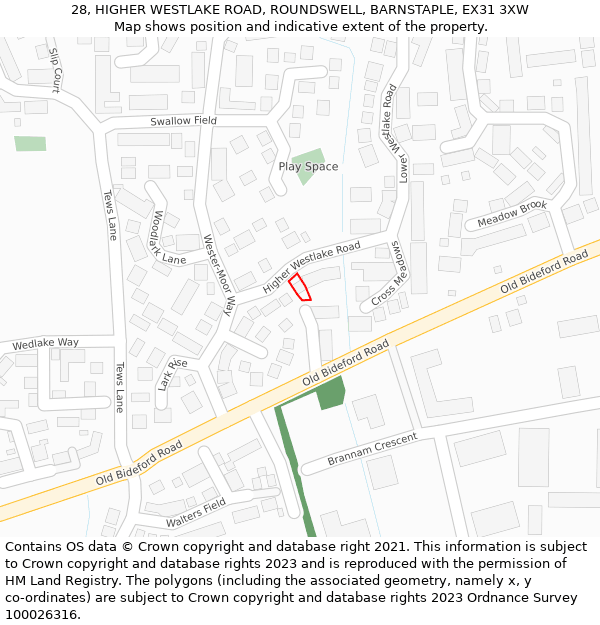 28, HIGHER WESTLAKE ROAD, ROUNDSWELL, BARNSTAPLE, EX31 3XW: Location map and indicative extent of plot