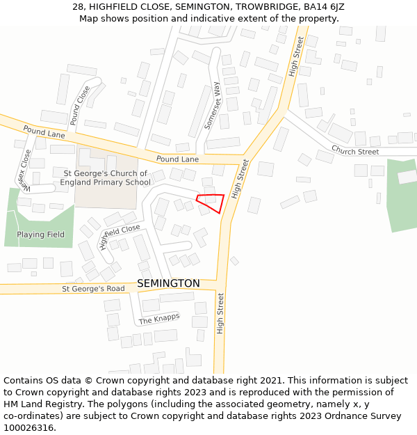 28, HIGHFIELD CLOSE, SEMINGTON, TROWBRIDGE, BA14 6JZ: Location map and indicative extent of plot