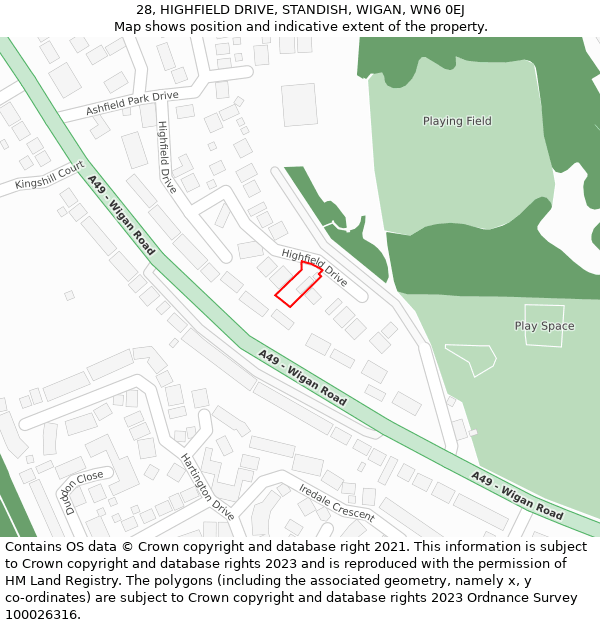 28, HIGHFIELD DRIVE, STANDISH, WIGAN, WN6 0EJ: Location map and indicative extent of plot