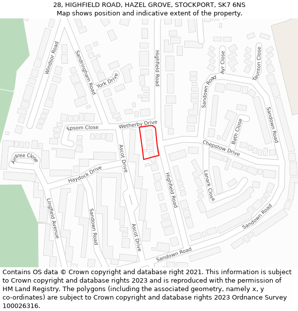 28, HIGHFIELD ROAD, HAZEL GROVE, STOCKPORT, SK7 6NS: Location map and indicative extent of plot