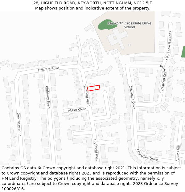 28, HIGHFIELD ROAD, KEYWORTH, NOTTINGHAM, NG12 5JE: Location map and indicative extent of plot