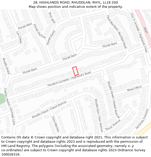 28, HIGHLANDS ROAD, RHUDDLAN, RHYL, LL18 2SD: Location map and indicative extent of plot