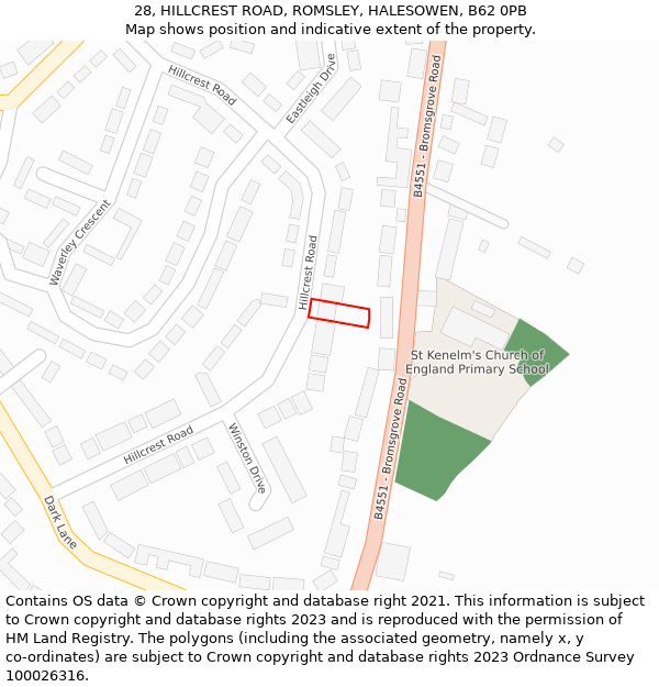 28, HILLCREST ROAD, ROMSLEY, HALESOWEN, B62 0PB: Location map and indicative extent of plot