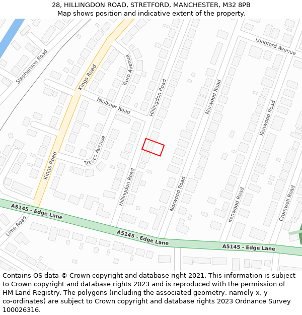 28, HILLINGDON ROAD, STRETFORD, MANCHESTER, M32 8PB: Location map and indicative extent of plot