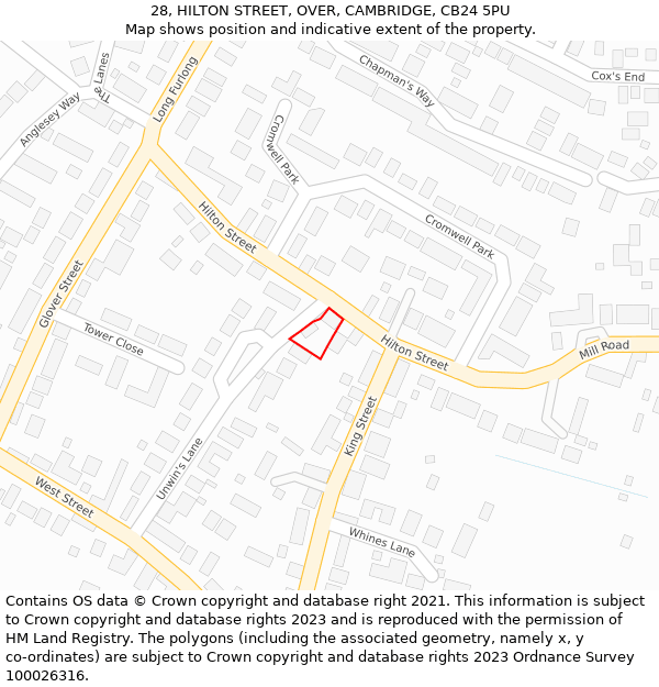 28, HILTON STREET, OVER, CAMBRIDGE, CB24 5PU: Location map and indicative extent of plot