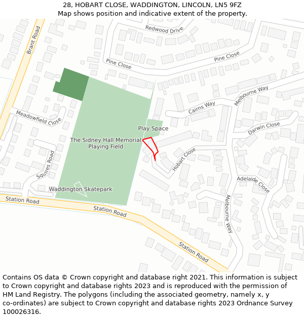 28, HOBART CLOSE, WADDINGTON, LINCOLN, LN5 9FZ: Location map and indicative extent of plot