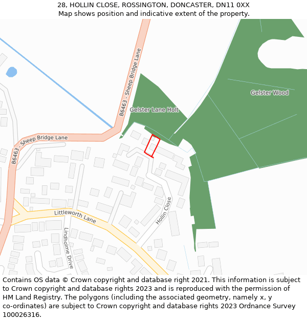 28, HOLLIN CLOSE, ROSSINGTON, DONCASTER, DN11 0XX: Location map and indicative extent of plot