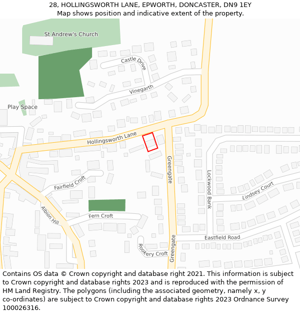 28, HOLLINGSWORTH LANE, EPWORTH, DONCASTER, DN9 1EY: Location map and indicative extent of plot