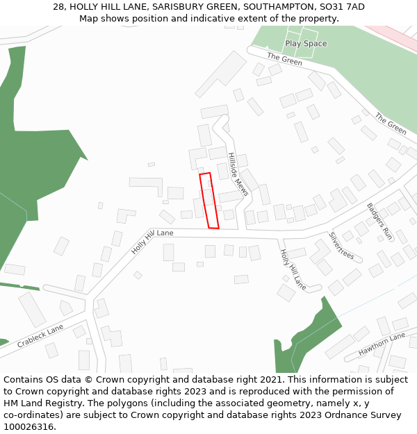 28, HOLLY HILL LANE, SARISBURY GREEN, SOUTHAMPTON, SO31 7AD: Location map and indicative extent of plot