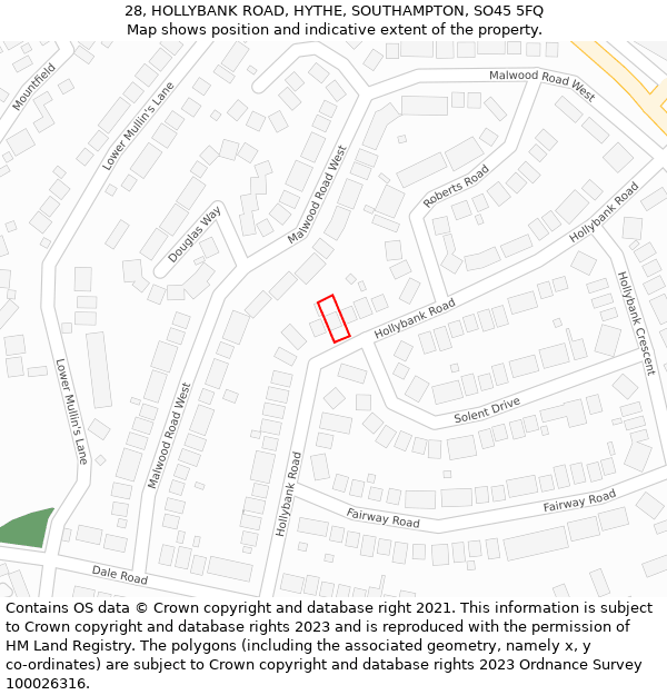 28, HOLLYBANK ROAD, HYTHE, SOUTHAMPTON, SO45 5FQ: Location map and indicative extent of plot