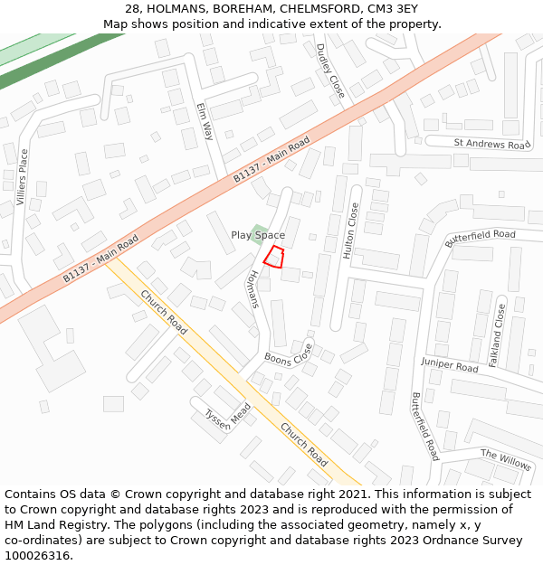 28, HOLMANS, BOREHAM, CHELMSFORD, CM3 3EY: Location map and indicative extent of plot