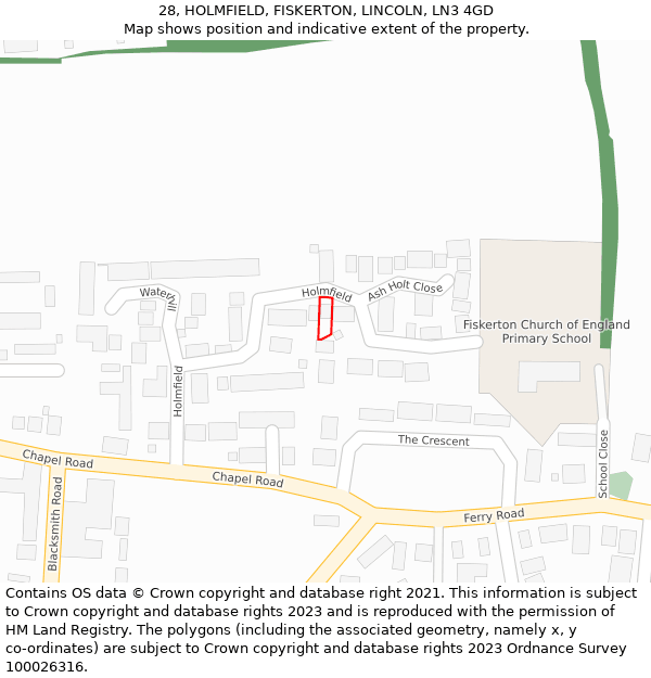 28, HOLMFIELD, FISKERTON, LINCOLN, LN3 4GD: Location map and indicative extent of plot