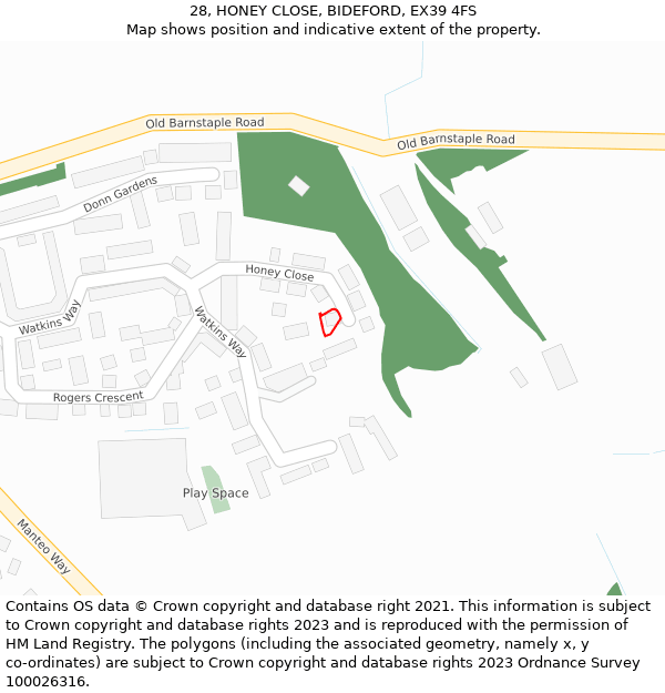 28, HONEY CLOSE, BIDEFORD, EX39 4FS: Location map and indicative extent of plot