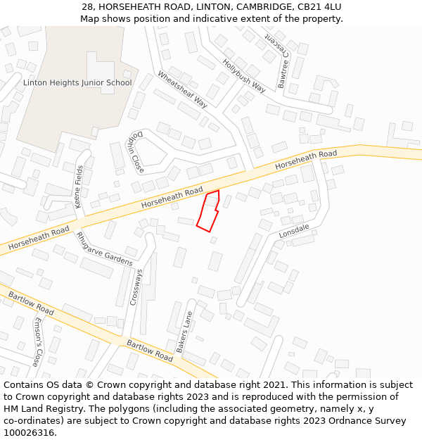 28, HORSEHEATH ROAD, LINTON, CAMBRIDGE, CB21 4LU: Location map and indicative extent of plot