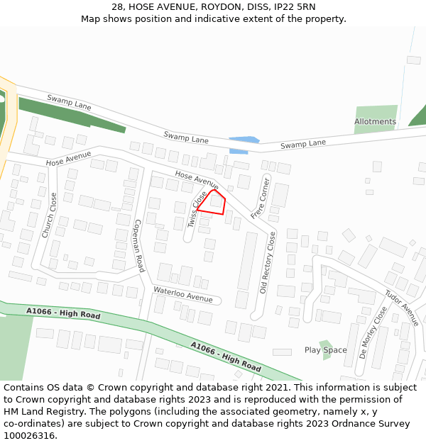 28, HOSE AVENUE, ROYDON, DISS, IP22 5RN: Location map and indicative extent of plot