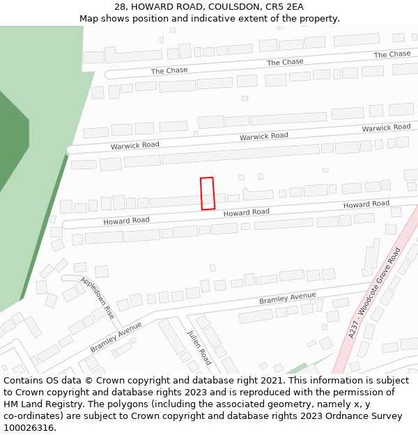 28, HOWARD ROAD, COULSDON, CR5 2EA: Location map and indicative extent of plot