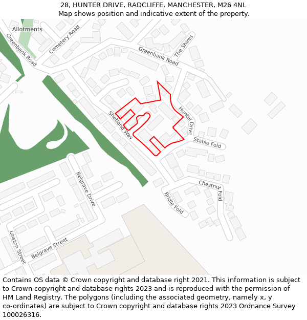 28, HUNTER DRIVE, RADCLIFFE, MANCHESTER, M26 4NL: Location map and indicative extent of plot