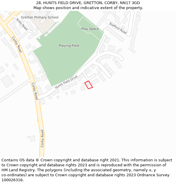 28, HUNTS FIELD DRIVE, GRETTON, CORBY, NN17 3GD: Location map and indicative extent of plot