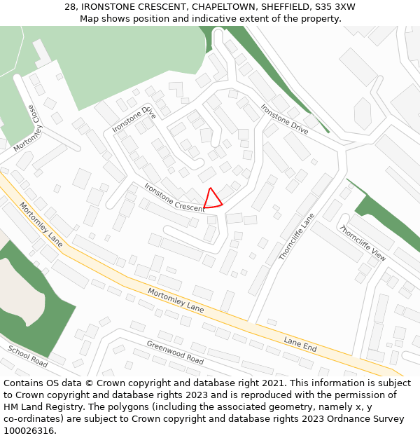 28, IRONSTONE CRESCENT, CHAPELTOWN, SHEFFIELD, S35 3XW: Location map and indicative extent of plot