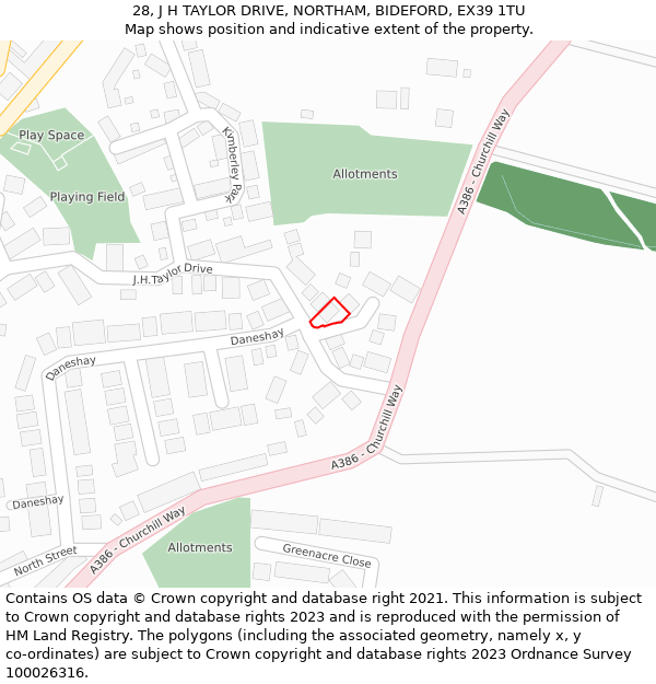 28, J H TAYLOR DRIVE, NORTHAM, BIDEFORD, EX39 1TU: Location map and indicative extent of plot