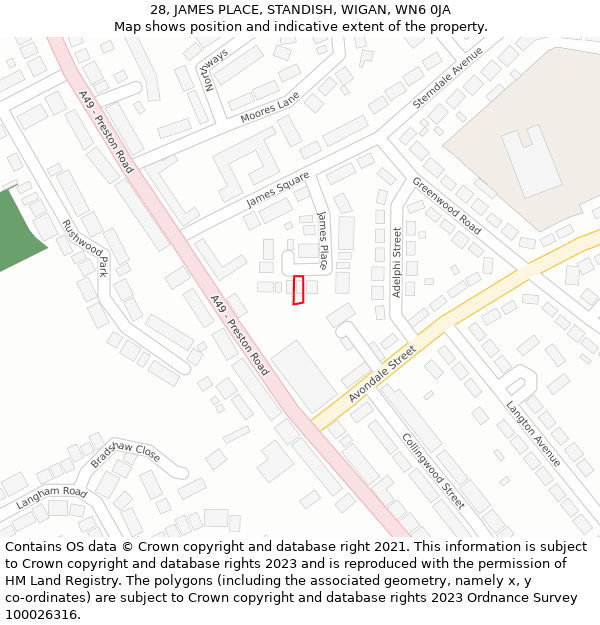 28, JAMES PLACE, STANDISH, WIGAN, WN6 0JA: Location map and indicative extent of plot