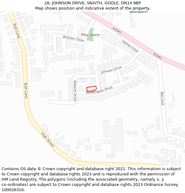 28, JOHNSON DRIVE, SNAITH, GOOLE, DN14 9BP: Location map and indicative extent of plot