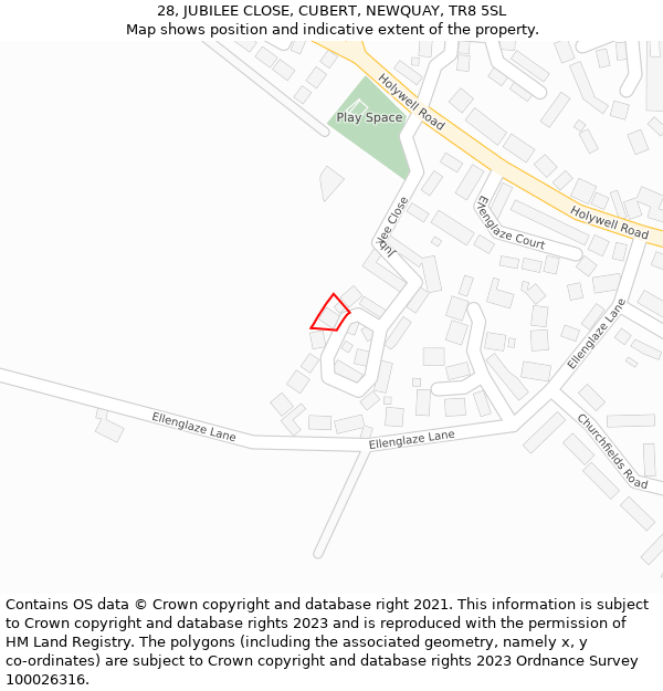 28, JUBILEE CLOSE, CUBERT, NEWQUAY, TR8 5SL: Location map and indicative extent of plot