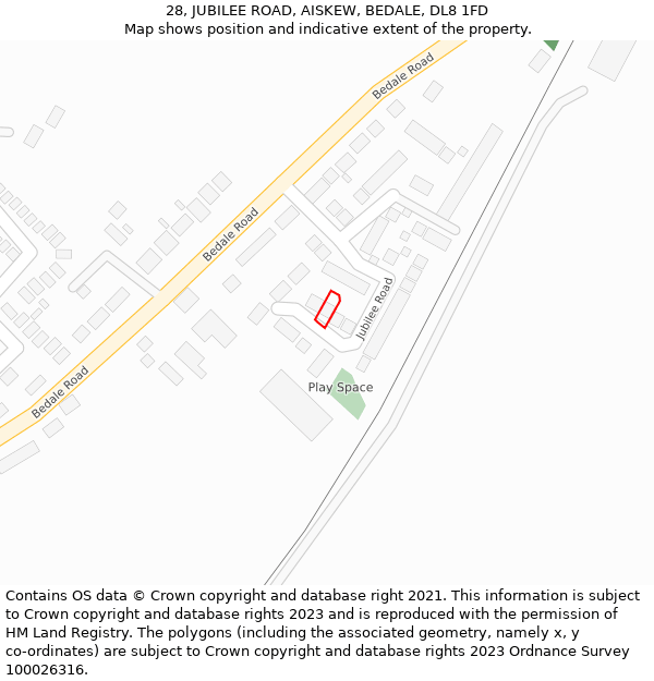 28, JUBILEE ROAD, AISKEW, BEDALE, DL8 1FD: Location map and indicative extent of plot