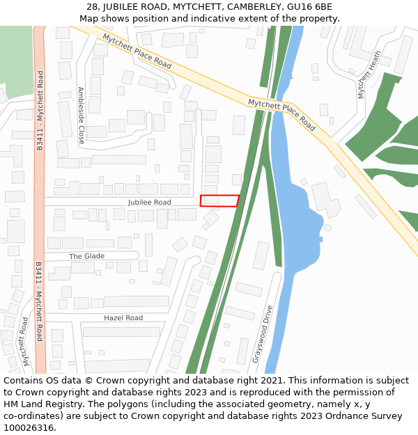 28, JUBILEE ROAD, MYTCHETT, CAMBERLEY, GU16 6BE: Location map and indicative extent of plot