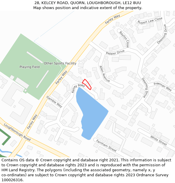 28, KELCEY ROAD, QUORN, LOUGHBOROUGH, LE12 8UU: Location map and indicative extent of plot