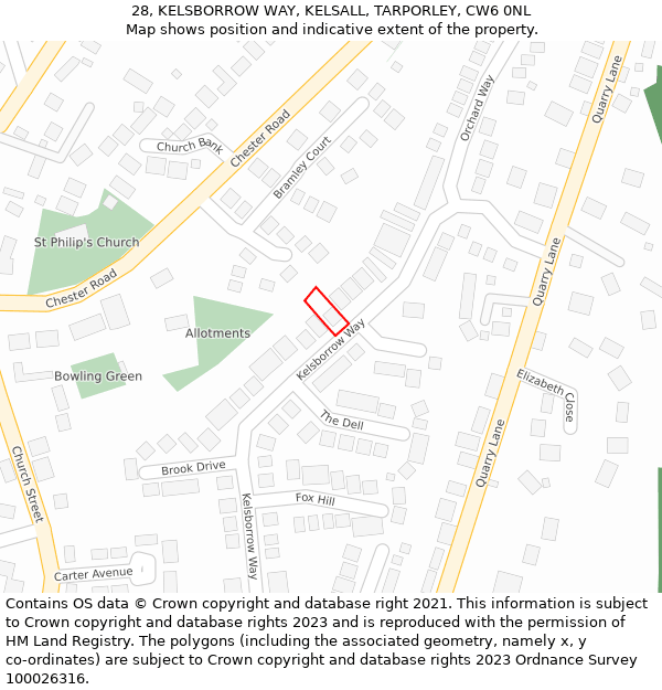 28, KELSBORROW WAY, KELSALL, TARPORLEY, CW6 0NL: Location map and indicative extent of plot