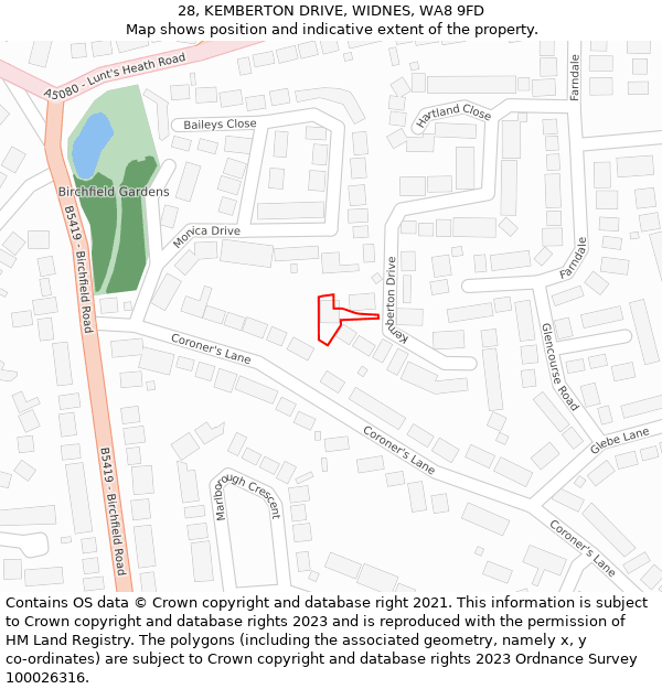 28, KEMBERTON DRIVE, WIDNES, WA8 9FD: Location map and indicative extent of plot