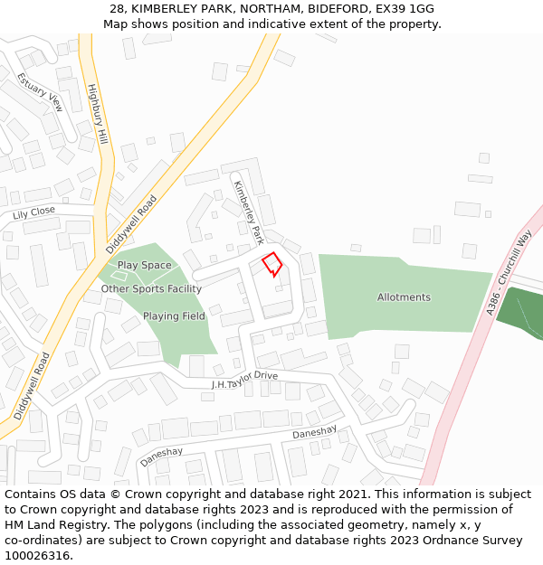 28, KIMBERLEY PARK, NORTHAM, BIDEFORD, EX39 1GG: Location map and indicative extent of plot